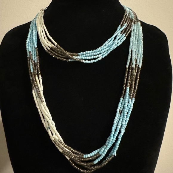 Long Multistrand Beaded Necklace (Sea Foam, Teal, Aquamarine, Turquoise Beads) - Picture 13 of 17
